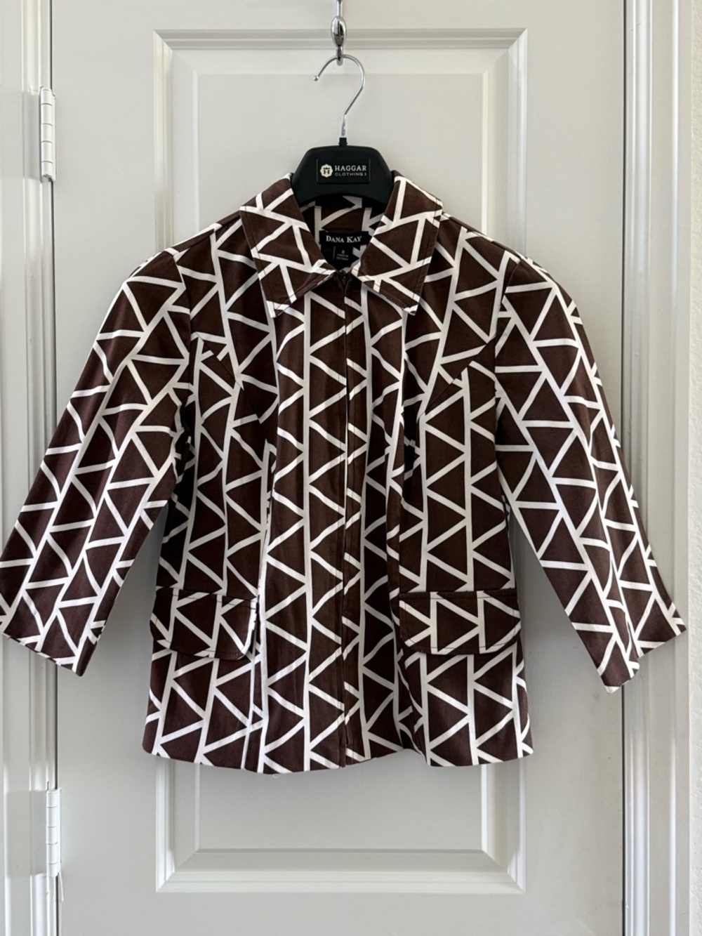 Dana Kay Womens Brown & White Geometric Print Jacket Zip Front Size 8 Cotton